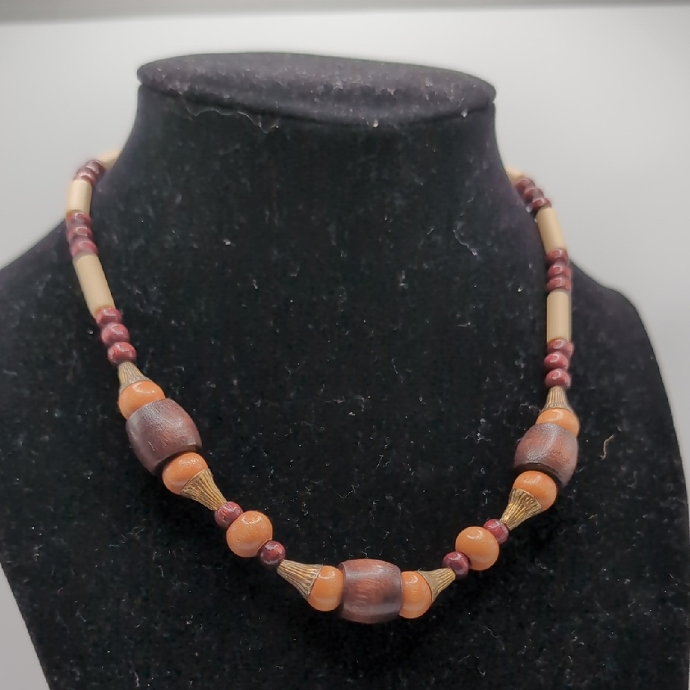 Elegant Brown Wood and Gold Color Beaded Necklace